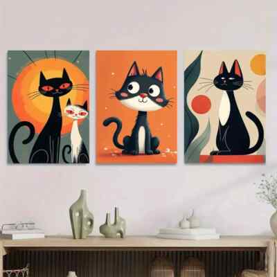 3pcs Charming Cat Animal Lovers Black Wall Art Canvas Unframed/Framed