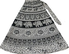 women's jaipuri wrap around printed medium size white  black cotton skirt