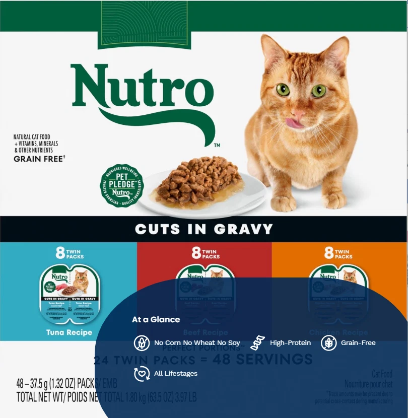 Nutro Wet Cat Food Cuts in Gravy 24 Twin Trays Beef Tuna Chicken Variety - Image 2 of 4
