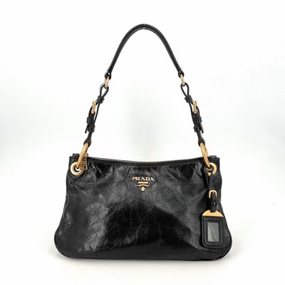 Prada Hobo Bag Washed Leather Top Handle Shoulder Bag Black Authentic
