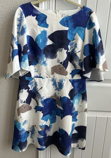 Belle Badgley Mischka Short Dress Blue White Abstract Floral Sz 12 Quiet Luxury