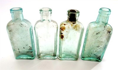 4 Antique THREE IN ONE 3 IN 1 OIL Bottles Aqua Embossed 3.75'' Tall Blue Glass