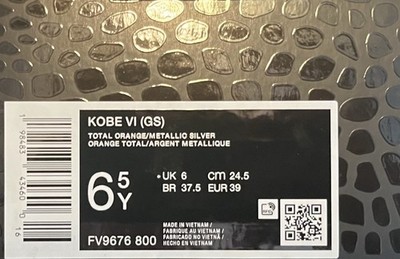 Nike Kobe 6 Protro 'Total Orange' Sneakers FV9676-800 GS Size 6.5Y