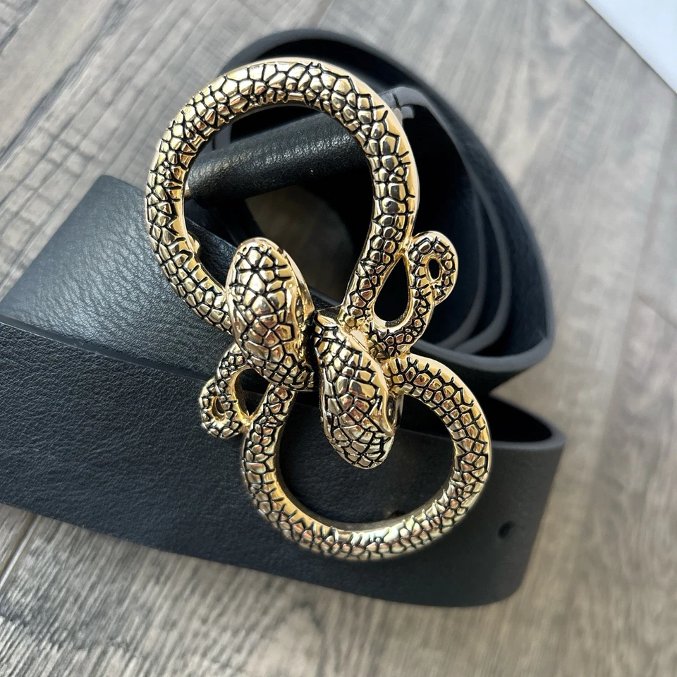 Express Black faux leather belt with gold double snake belt buckle Fits 36 - 42 - Image 2 of 4