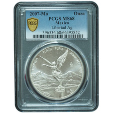2007-Mo Mexico Libertad 1oz .999 Silver PCGS MS68 *JE
