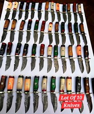 Lot of 10 HANDMADE DAMASCUS STEEL pocket KNIVES 6inch W LEATHER SHEATH WHOLSALE