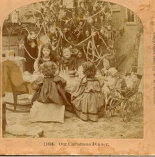 Children, Little Girls Playing "Our Christmas Dinner"--Kilburn Stereoview S78