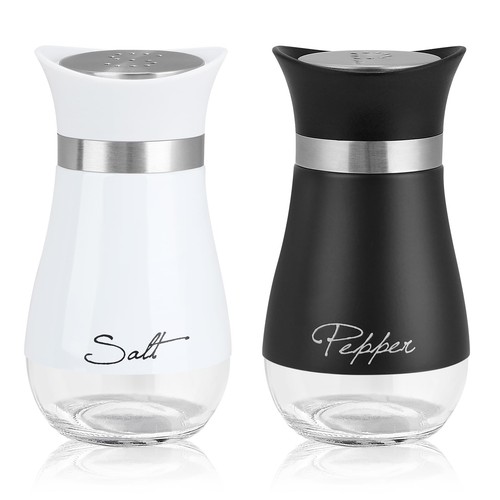 Stainless Steel Salt and Pepper Shaker Set - 4 oz Containers with Elegant Glass