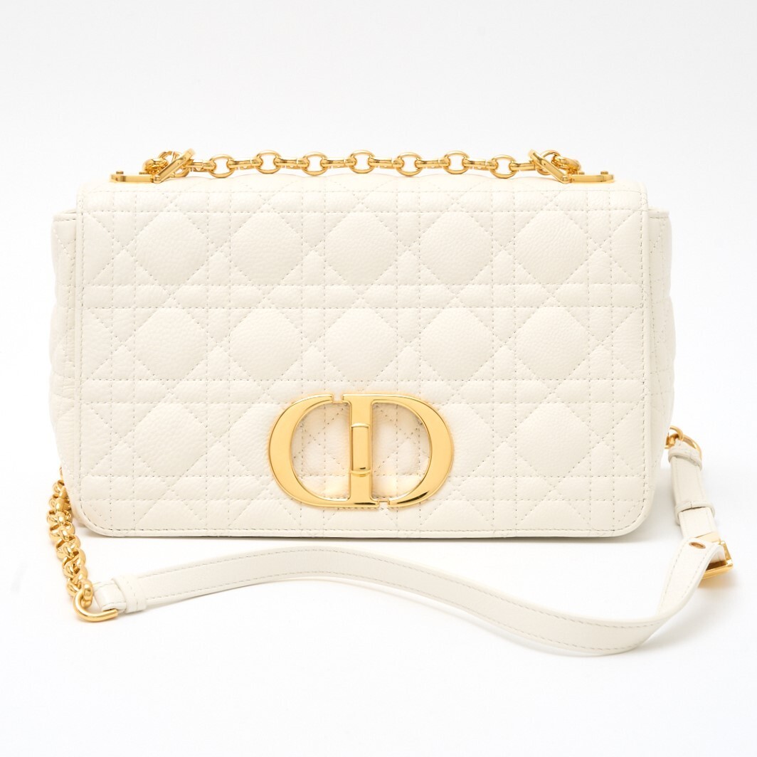 DIOR Caro Shoulder Bag White Lamb Leather Gold Chain 803003
