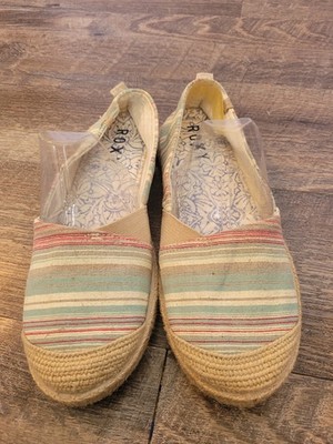ROXY Size 8.5 Teal Cream Striped Espadrille Flat Slip On Shoes