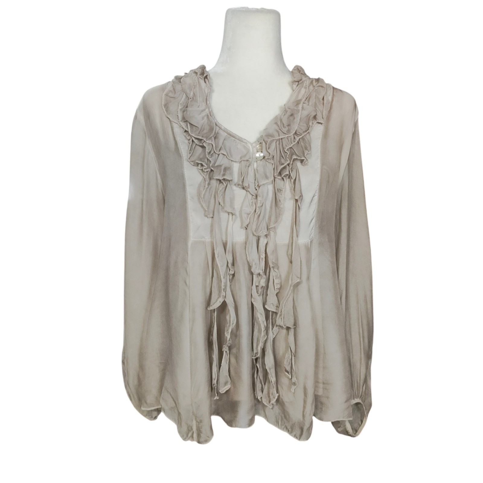 Made in Italy Silk Blend Ruffle Blouse Beige Top Romantic Artsy Regency Ethereal