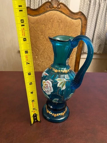 Fenton Blue Turquoise Art Glass Ewer Pitcher New Century XXI Floral Hand Painted