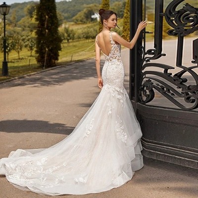 mermaid wedding dresses with ruffles and lace Long Lace Off-White Mermaid Bridal Gown