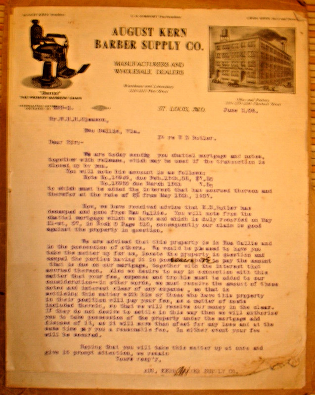 AUGUST KERN BARBER SUPPLY CO. ST. LOUIS 6-2/6-5/6-13 LTRS TO W H H GLEASON IN FL