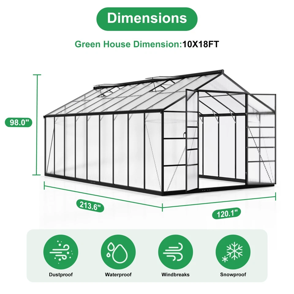 10x16/10x18FT Polycarbonate Greenhouse, Quick Setup, Roof Vent, Walk-in Aluminum - Image 4 of 4