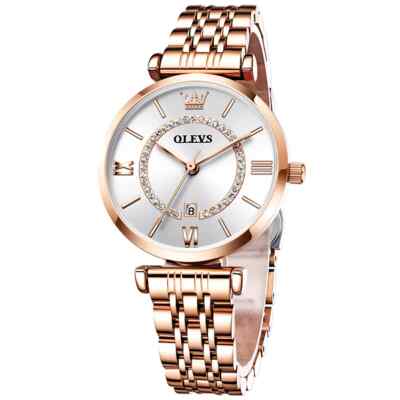 OLEVS Lady Stainless Steel Diamonds Calendar Gifts Luxury Women Quartz Watch