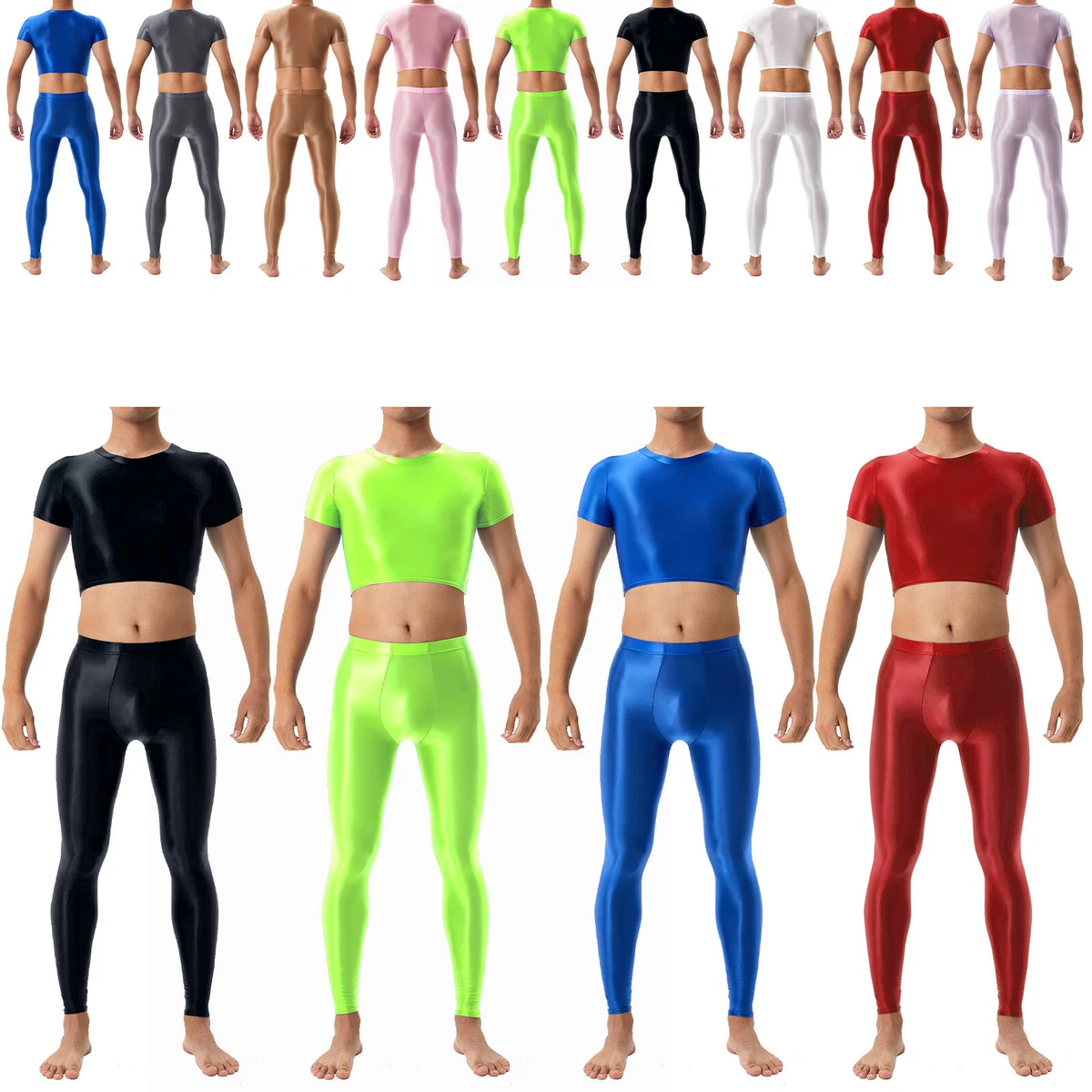 AU Men's Glossy Outfits Slim Fit Crop Top with Pants Fitness Workout Sportswear