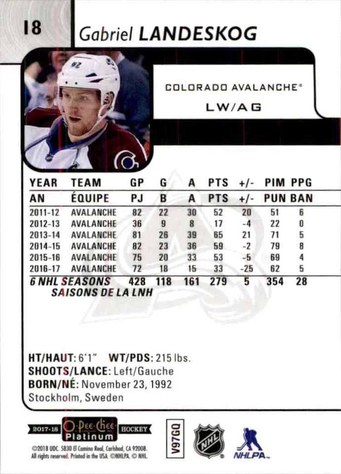 2017-18 O-Pee-Chee Platinum Gabriel Landeskog #18 - Image 2 of 2