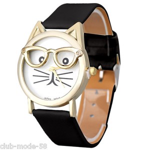 Montre Quartz Tres Originale Pour Femme Chat A Lunettes Promo Ebay