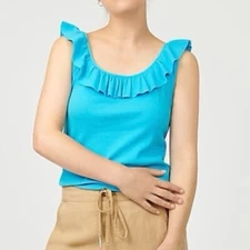 J CREW Women's Blue Ruffle-Neck Ribbed Tank Top XS