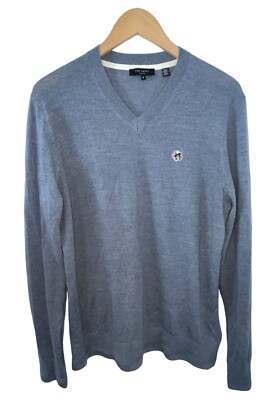 Ted Baker London Cardiff Magnolia Logo Mens Sz 5 100% Wool Pullover Sweater Gray