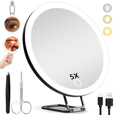 5X Makeup Magnifying Mirror Lights 6 Inch 3 Color Dimmable Suction Cups Stand