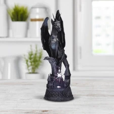 12"H LED Black Dragon Standing on Castle Statue Fantasy Figurine Room Decor