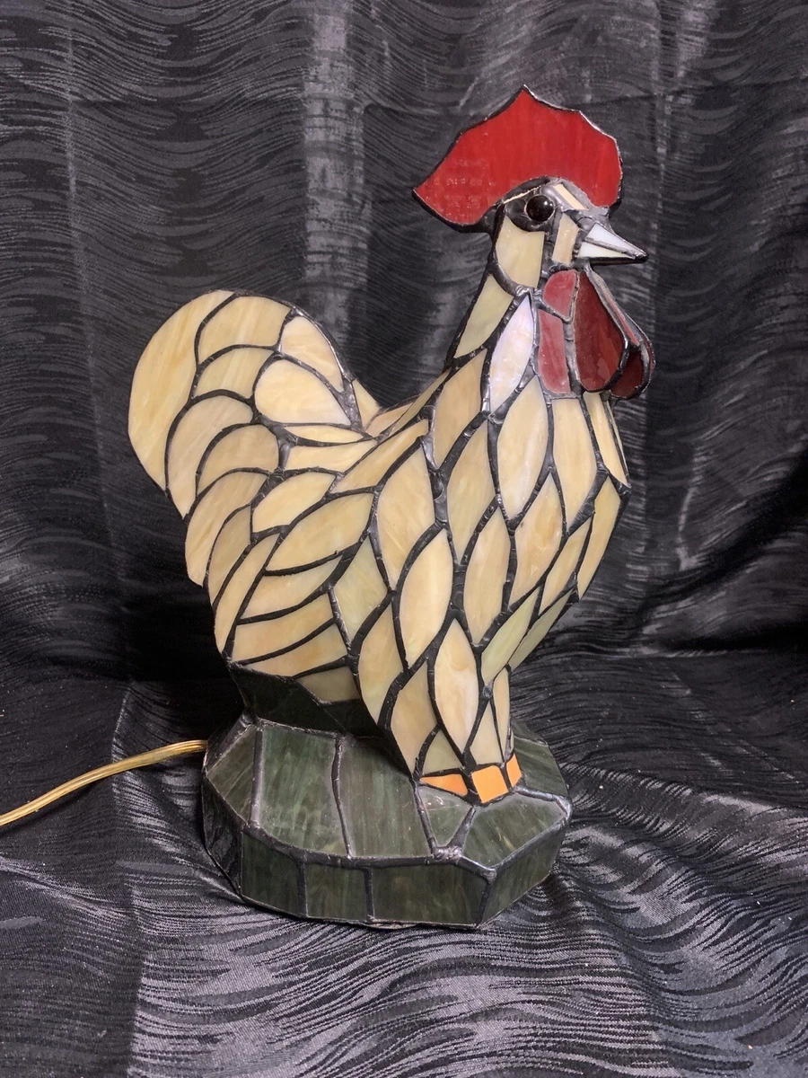 Vtg Rooster Chicken Table Lamp Night Light Tiffany Style Stained Glass 14