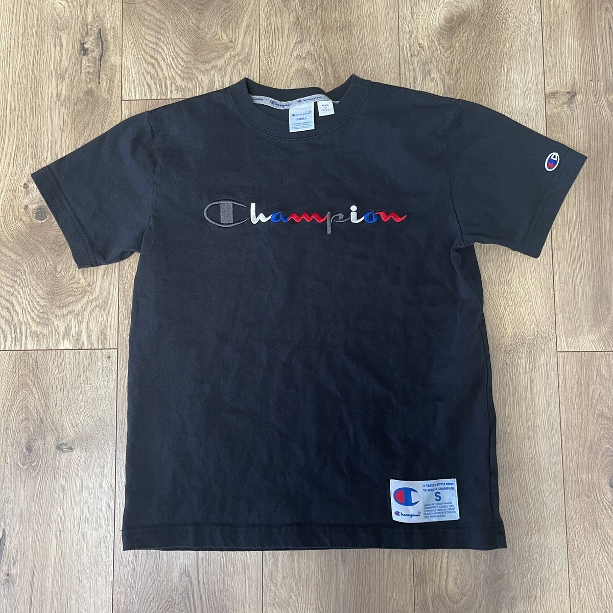 Champion T-Shirt Embroidered Spell Out Black Womens Size Small