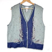Vtg Koret Sweater Vest Button Front Floral Embroidered Cottage Granny 90s 80s L