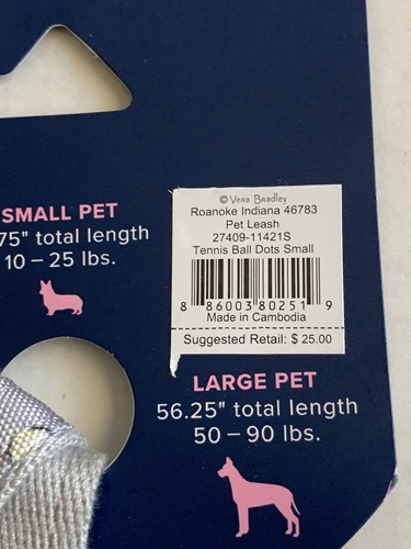 NEW With Tags Vera Bradley Pet Dog Leash Small 10 to 15 pounds Gray Tennis Balls - Picture 4 of 10
