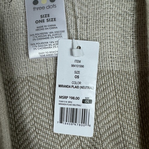 Three Dots Poncho Wrap One Size Neutral Miranda Plaid Cashmere Blend Fringe NEW - Picture 6 of 11