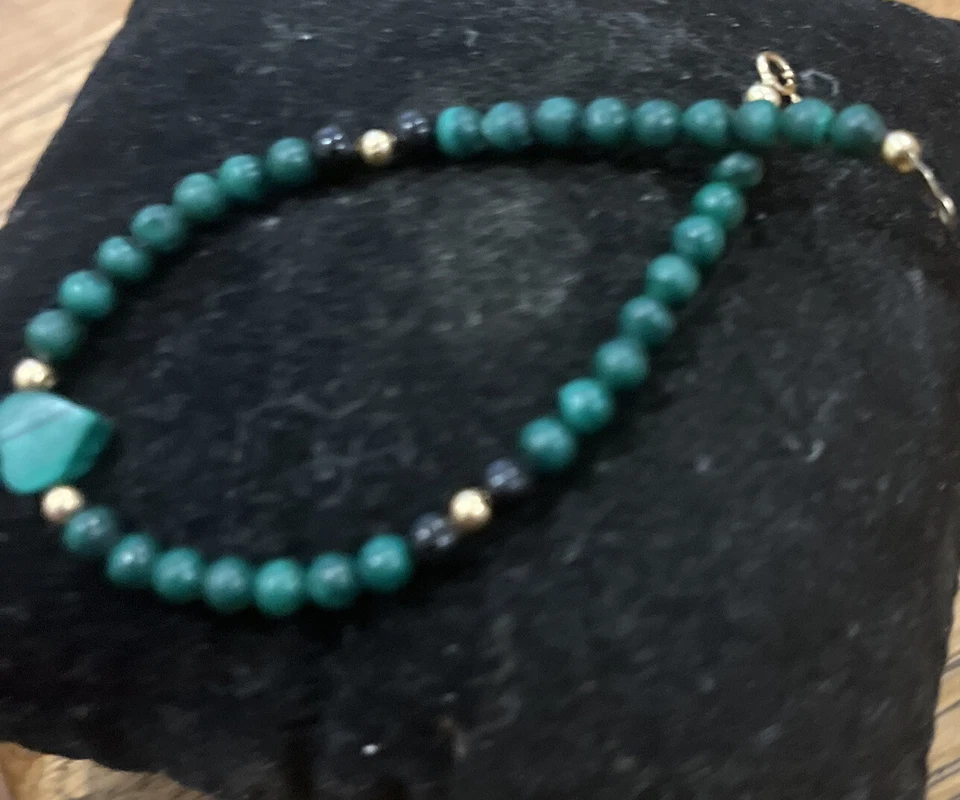 Precioso Brazalete Raro Oro Amarillo 14K Malaquita Africana Piedras Preciosas Naturales Cuentas Foto 2 de 4
