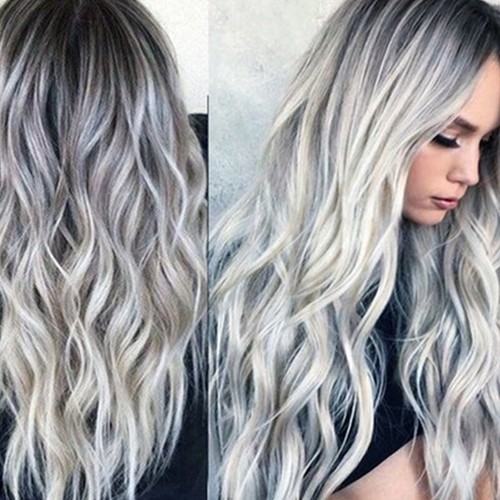 28 Women Long Wavy Wigs Gradient White Black Gray Ombre Hair Wig