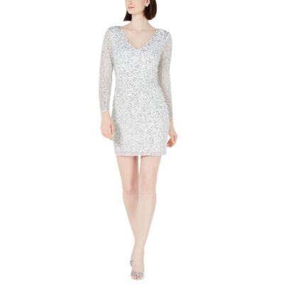 Adrianna Papell Beaded Long-Sleeve Dress Ivory Size 2