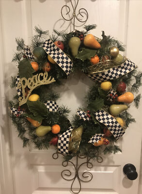 MACKENZIE CHILDS WREATH COURTLY CHECK RIBBON FRUIT CHRISTMAS GREENERY  HOLDER