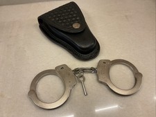 Vintage Smith And Wesson Handcuffs With Key And Leather Holster Made In USA Mass