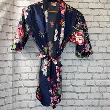 Bella Bride Satin Bridesmaid Robe Navy Blue Floral Wedding Getting Ready Kimono