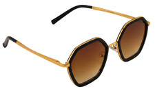 SUNGLASSES-Hexagon Glossy Black Frame and Gold Arms Gradient Brown Lens
