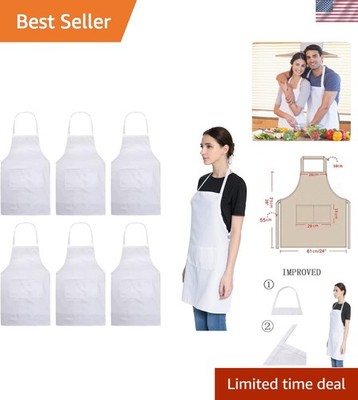 Total 6PCS White Apron for Women Adult Unisex Plain Color Bib aprons with 2 F...