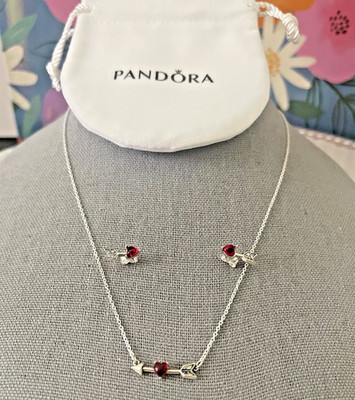 NEW PANDORA MOMENTS ARROW & MURANO GLASS CZ HEART NECKLACE + EARRINGS SET + BAG
