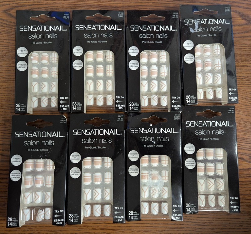 LOT OF 8 SENSATIONAIL SALON PRE-GLUED NAILS 72153 SHORT COURT - 28 NAILS EA PKG