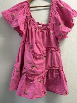 ANTHROPOLOGIE GPD DRESS M PINK Embroidered FLOWERS Tunic Mini RUFFLES