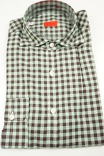 Isaia Mint Green Wine Walnut Gingham Long Sleeve Cotton Dress Shirt 15.5/39 NEW