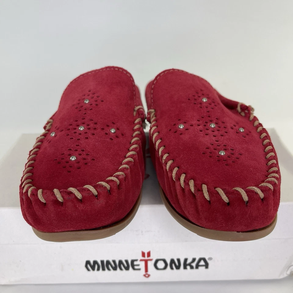 Mocasines Minnetonka Rojo Gamuza Mula Conducción Moc Diseño Recortado Sin Cordones Talla 10 Foto 4 de 4