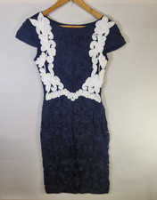Phase Eight Navy Blue Lace Dress White Floral Applique Cap Sleeve UK 10 Wedding