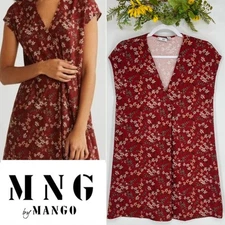 MNG Mango Red Floral V-Neck Mini Dress XS Boho Cottagecore Fall Chic Feminine