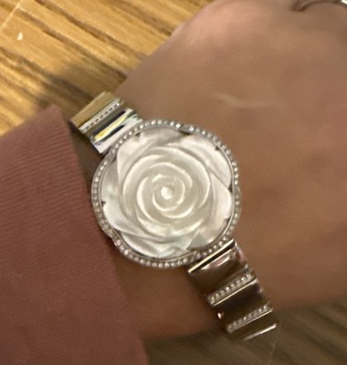 Anne Klein Rose Mother Of Pearl Watch with a silver band, rhinestones Chip