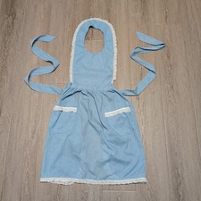 Vintage Handmade Prarie Style Blue Apron Gingham Pinafore Lace Trim Pockets