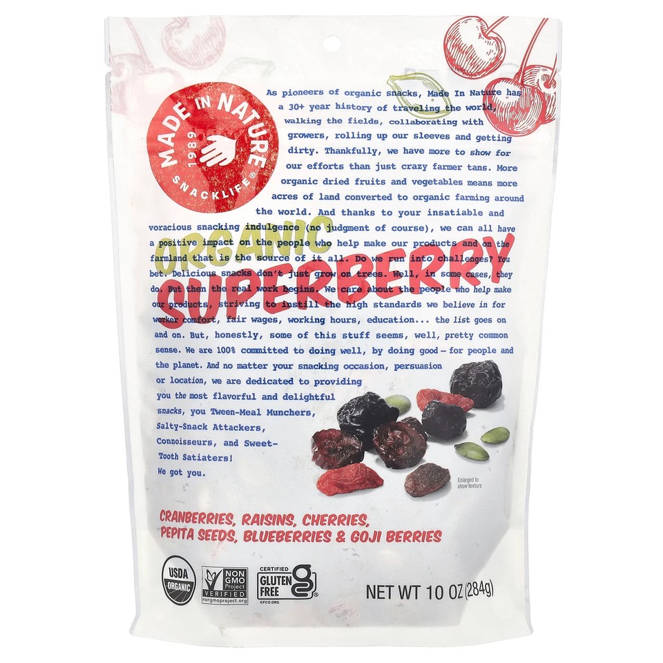 Organic Superberry, Cranberries, Raisins, Cherries, Peptia Seeds, Blueberries &